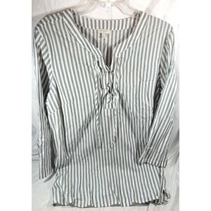 Talbots Women's Striped 3/4 Sleeves Lace-up Poet Tunic Shirt - Gray/White Large